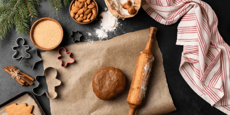A tabletop covered in baking supplies and accoutrements.