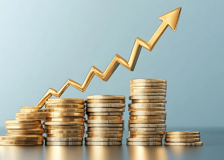 Stacks of gold coins with an arrow traveling up.